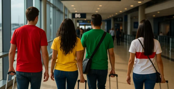 Grupo de personas caminando en un aeropuerto internacional, con camisetas que representan a los países de la Alianza del Pacífico. Imagen generada por inteligencia artificial.