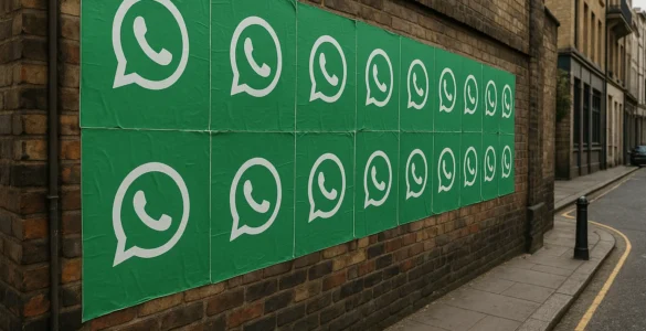 Publicidad en WhatsApp representada como afiches verdes con el ícono de la app pegados en fila sobre una pared urbana, simulando una campaña callejera