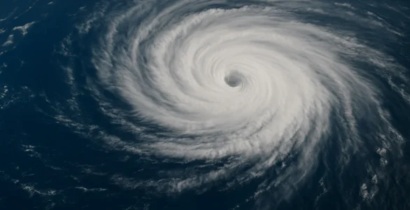 Imagen satelital generada por IA del huracán Erick sobre el océano Pacífico, con un ojo bien definido y espirales de nubes densas