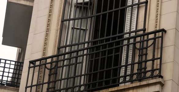 Balcón de estilo señorial con rejas similares a las de una cárcel, sin personas presentes, representando el arresto domiciliario de Cristina Kirchner