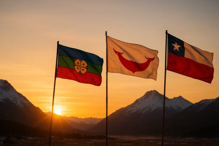 Tres banderas flamean al amanecer en el sur de Chile: la mapuche, la rapanui y la chilena. Al fondo, montañas nevadas reciben la primera luz del sol. La escena representa el Día Nacional de los Pueblos Indígenas.