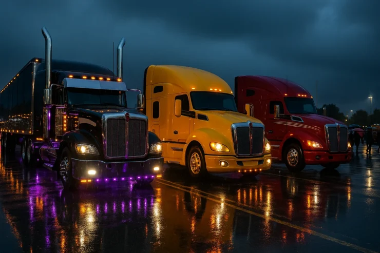 Tres camiones personalizados exhibidos durante el AMC Trucking Show en Bogotá, brillando bajo la lluvia con luces encendidas.