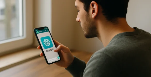 Joven mirando su celular mientras conversa con ChatGPT en WhatsApp. Escena realista con luz natural entrando por la ventana