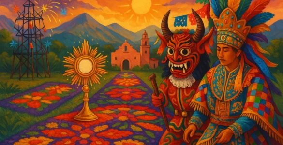 Ilustración digital colorida que representa la celebración del Corpus Christi en Latinoamérica. Se observa una alfombra floral con patrones simétricos, una custodia dorada, un castillo de fuegos artificiales, una iglesia de fondo y dos danzantes tradicionales: uno con máscara de diablo y otro con vestimenta andina decorada con plumas. Imagen generada por IA.
