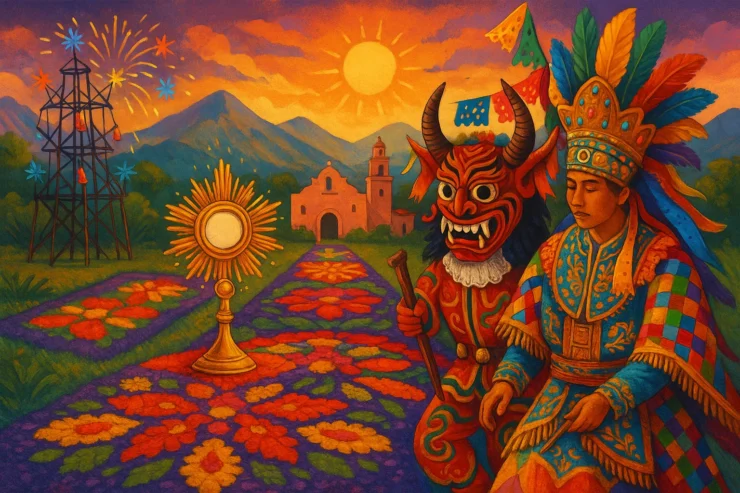 Ilustración digital colorida que representa la celebración del Corpus Christi en Latinoamérica. Se observa una alfombra floral con patrones simétricos, una custodia dorada, un castillo de fuegos artificiales, una iglesia de fondo y dos danzantes tradicionales: uno con máscara de diablo y otro con vestimenta andina decorada con plumas. Imagen generada por IA.