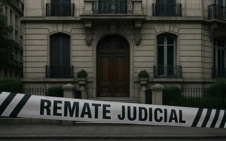Fachada de un edificio residencial en Buenos Aires con cinta de remate judicial, representando el remate de bienes de Cristina Kirchner