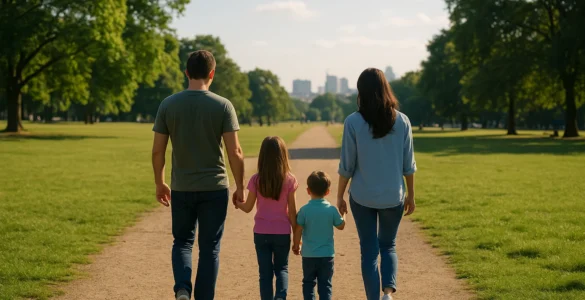 Familia caminando en un parque de una ciudad argentina en día soleado, simbolizando la tranquilidad y el bienestar social.