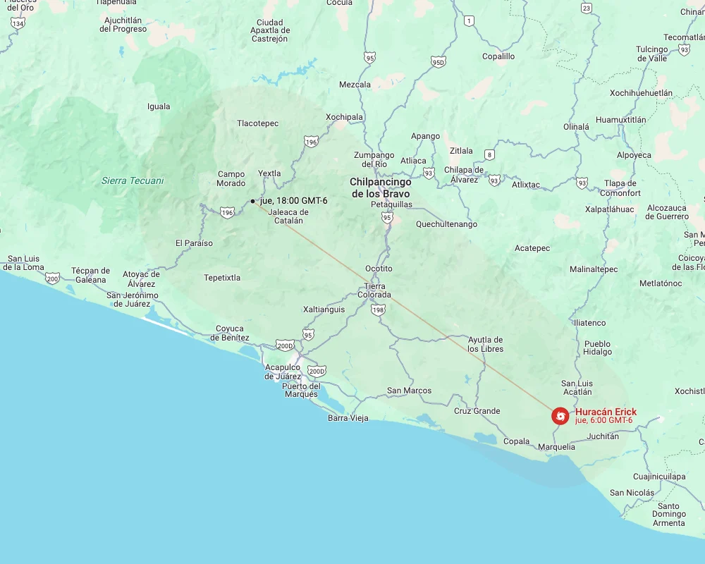 mapa de google maps mostrando la trayectoria pronosticada del huracán erick