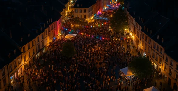 Vista aérea de un festival callejero en una ciudad europea durante la noche. Representa los ataques con jeringas en Francia