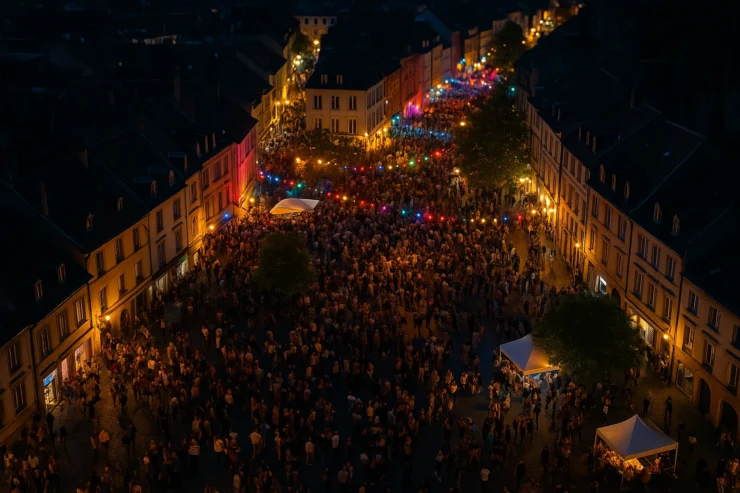 Vista aérea de un festival callejero en una ciudad europea durante la noche. Representa los ataques con jeringas en Francia