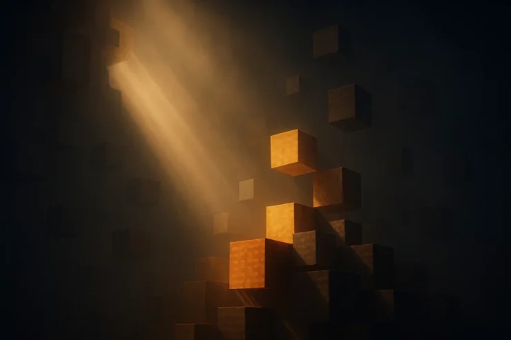Composición abstracta con bloques flotantes estilo Minecraft iluminados por un rayo de luz, representando la actualización gráficos de Minecraft en un entorno artístico y sombrío.
