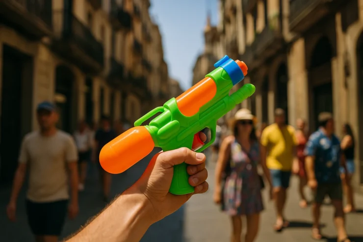 Una mano sostiene una pistola de agua de colores brillantes apuntando hacia el cielo en una calle soleada de Barcelona, con turistas desenfocados al fondo. La escena simboliza las protestas recientes con pistolas de agua en Barcelona.