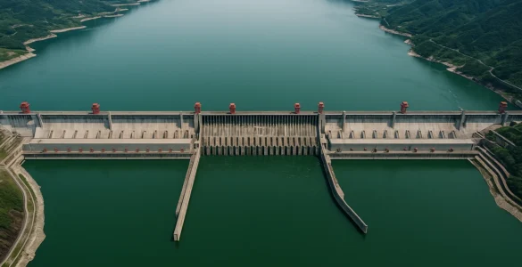 Imagen generada por IA que muestra una vista aérea perpendicular de la represa de las Tres Gargantas en China, con el embalse lleno y montañas alrededor.