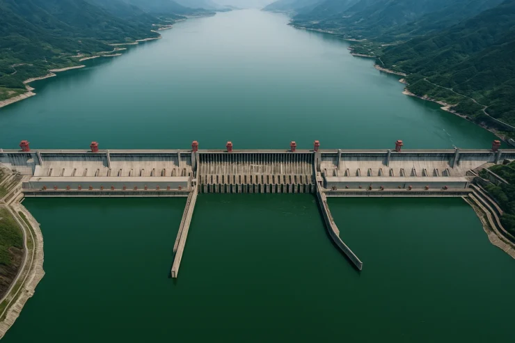 Imagen generada por IA que muestra una vista aérea perpendicular de la represa de las Tres Gargantas en China, con el embalse lleno y montañas alrededor.