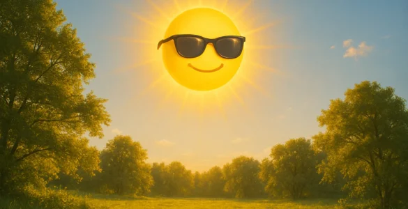 Sol sonriente con gafas oscuras en un paisaje soleado, representando el Yellow Day