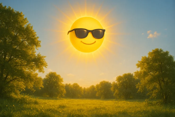 Sol sonriente con gafas oscuras en un paisaje soleado, representando el Yellow Day