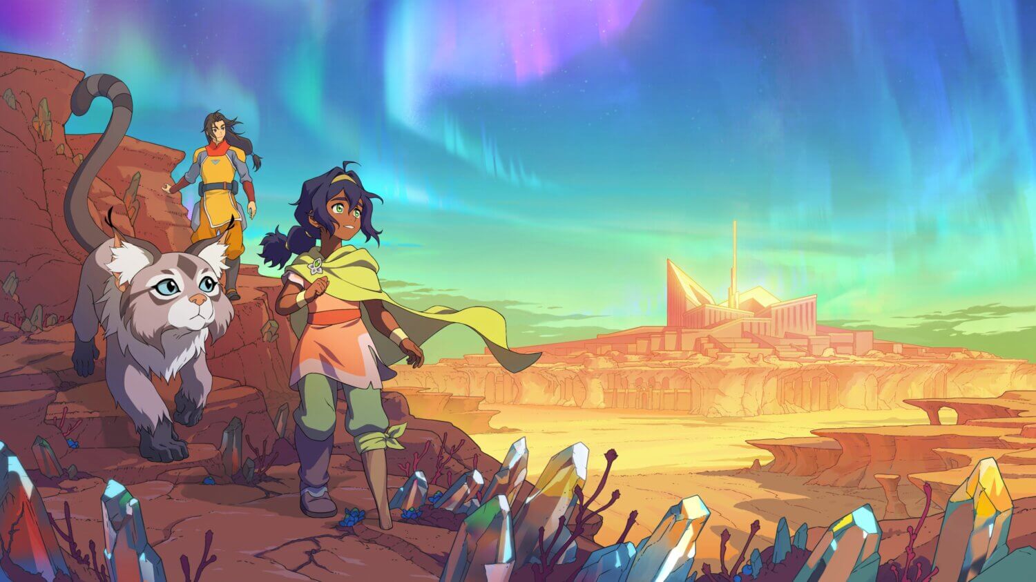 Ilustración oficial de Avatar: Seven Havens con la nueva Avatar, acompañada de un felino místico y otro joven viajero, caminando entre cristales luminosos bajo un cielo radiante de auroras, rumbo a una ciudad sagrada en el horizonte.