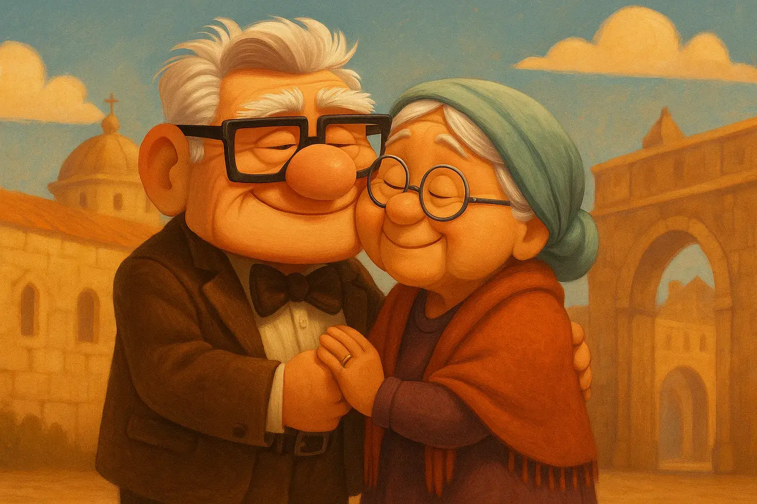 Ilustración estilo Pixar que representa a una pareja de ancianos abrazándose con ternura, en alusión al origen del Día de los Abuelos.
