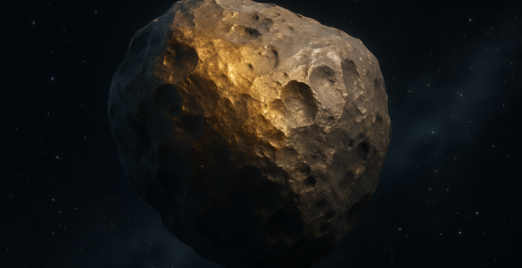 Ilustración digital generada por IA del asteroide Psyche-16 flotando en el espacio profundo, con superficie metálica dorada e irregular.