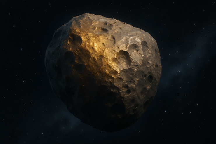 Ilustración digital generada por IA del asteroide Psyche-16 flotando en el espacio profundo, con superficie metálica dorada e irregular.