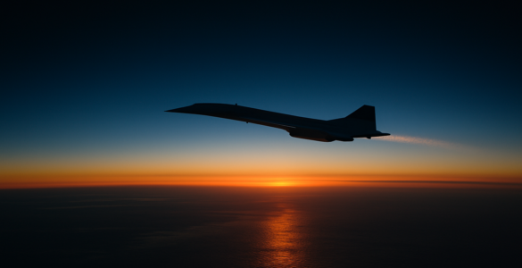 Silueta de un avión supersónico cruzando el cielo sobre el océano Atlántico al atardecer, con la curvatura de la Tierra visible y estela de contrail brillante.