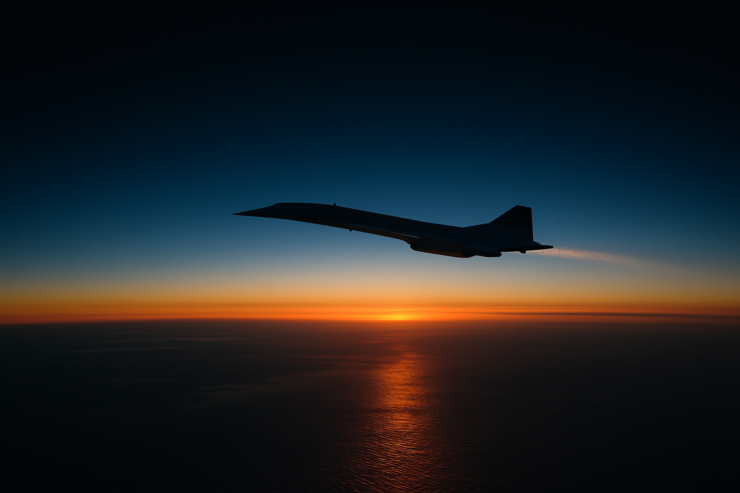 Silueta de un avión supersónico cruzando el cielo sobre el océano Atlántico al atardecer, con la curvatura de la Tierra visible y estela de contrail brillante.