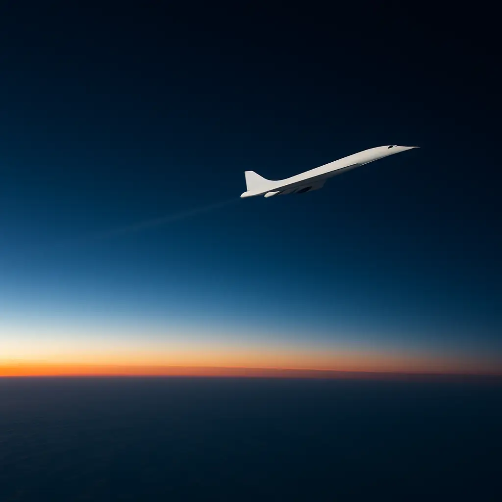 Silueta estilizada de un avión supersónico blanco cruzando el cielo a gran altitud sobre el océano Atlántico, con la curvatura de la Tierra visible al atardecer.