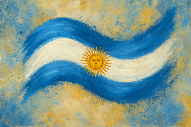 Representación artística del Día de la Independencia en Argentina, con la bandera nacional ondeando en tonos celeste y blanco, y el Sol de Mayo al centro, sobre un fondo expresivo con pinceladas abstractas.