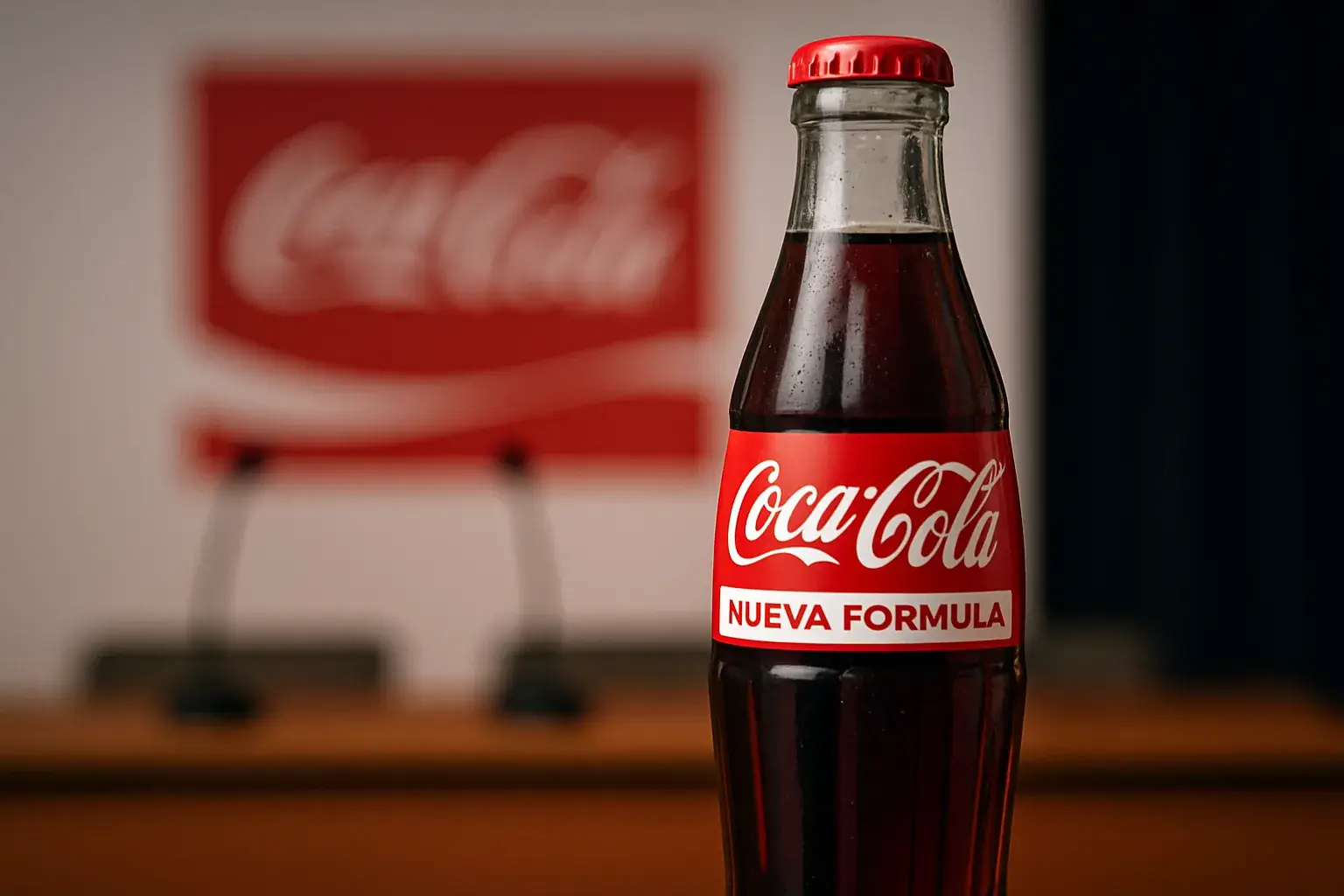 Botella de Coca-Cola con etiqueta gráfica que representa una nueva fórmula, en un entorno corporativo que alude al lanzamiento del nuevo ingrediente de Coca-Cola.