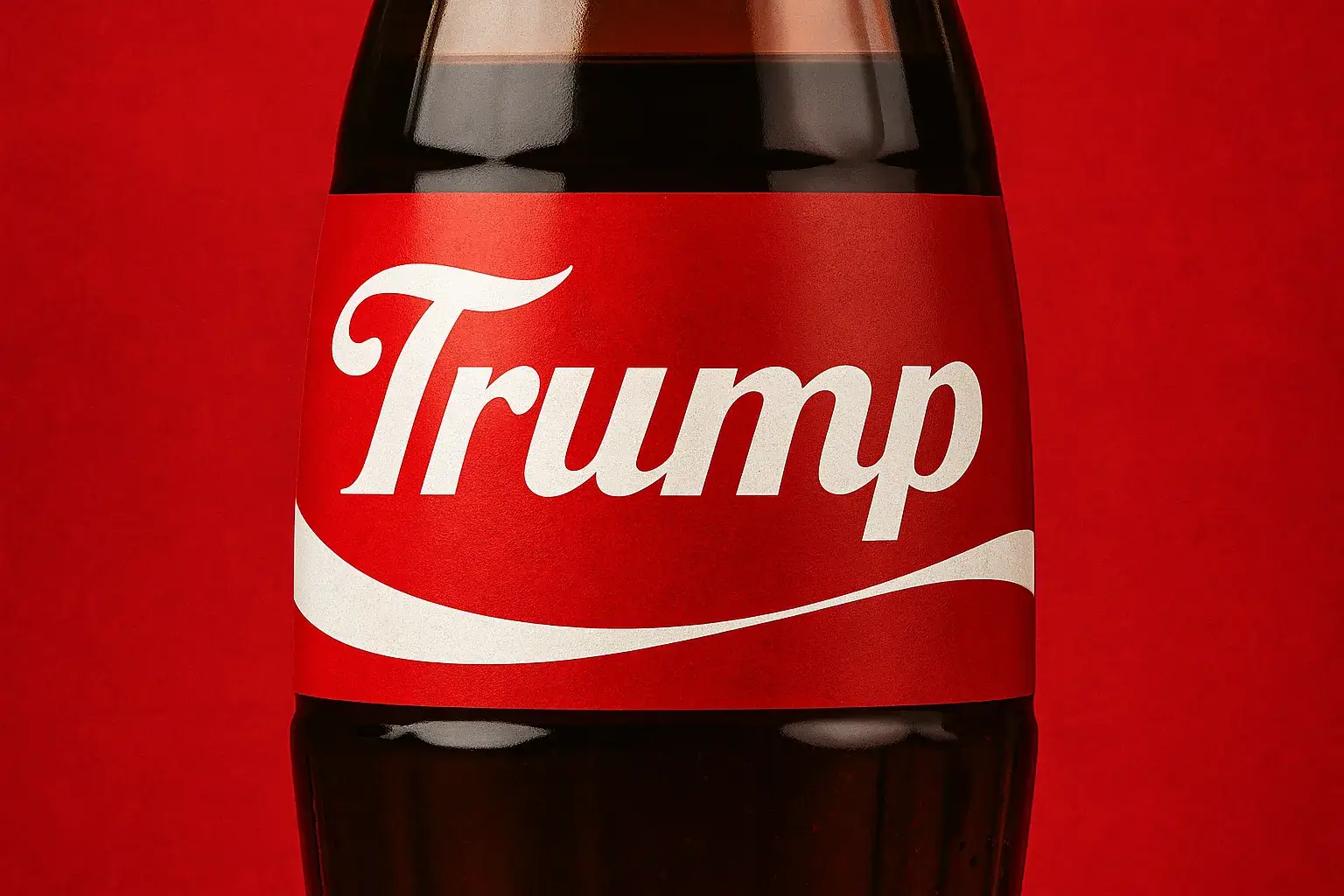 Botella de Coca-Cola con etiqueta roja personalizada que dice Trump, simulando la estética clásica de la marca, sobre fondo rojo texturizado.
