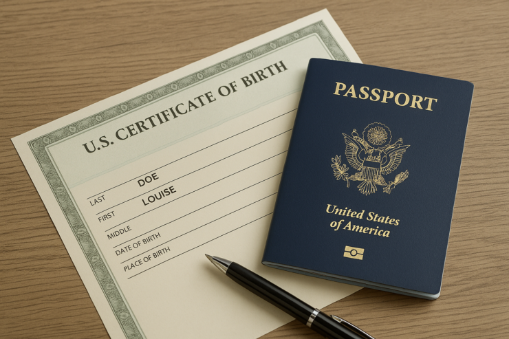 Formulario de nacimiento de Estados Unidos junto a un pasaporte infantil y un bolígrafo, representando el derecho a la ciudadanía por nacimiento en Estados Unidos.
