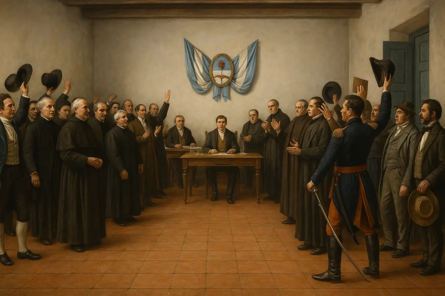 Representación realista del Día de la Independencia en Argentina, con 29 diputados reunidos en la Casa de Tucumán firmando el acta de 1816, vestidos con ropas del siglo XIX bajo una atmósfera solemne.
