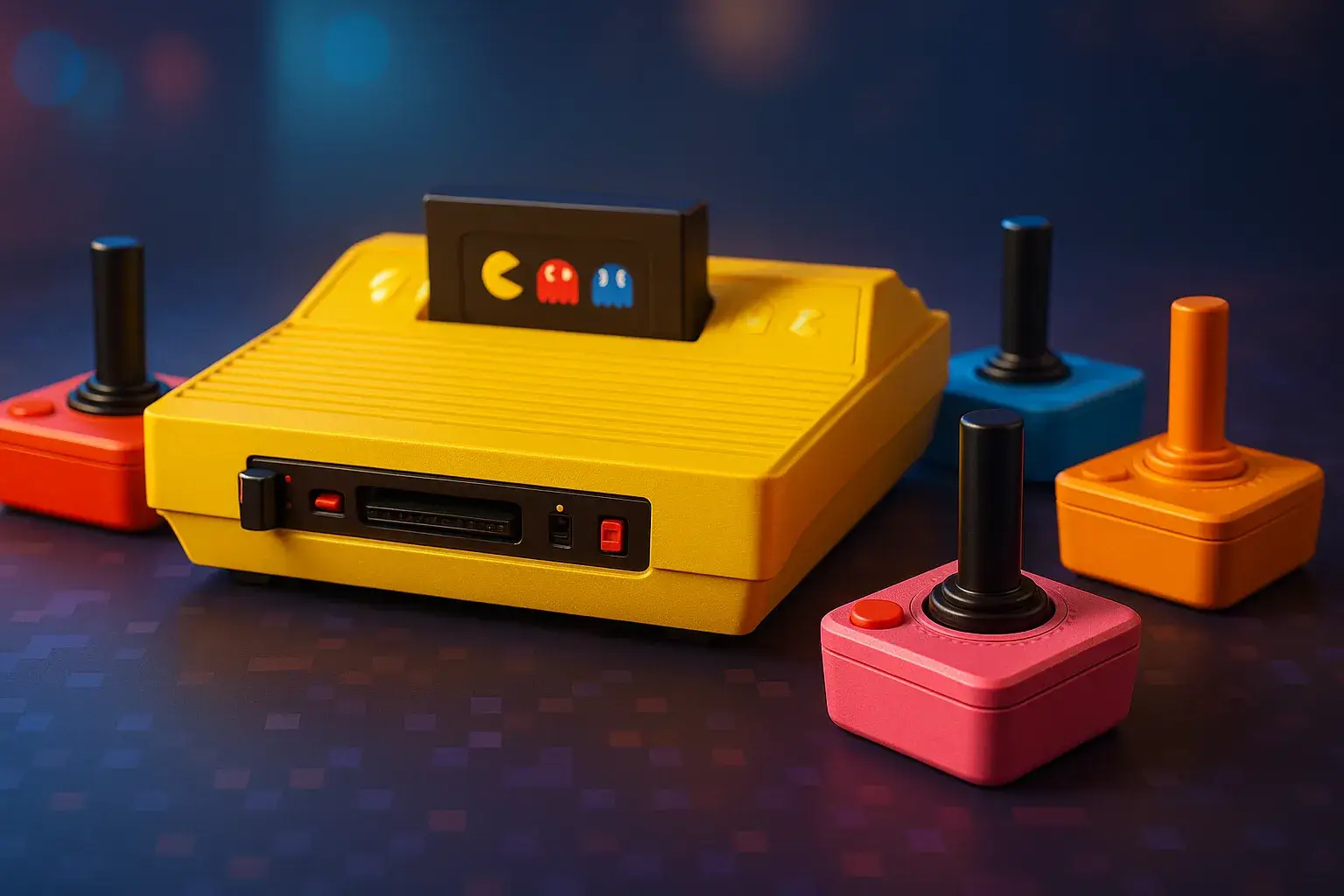 Fotografía digital de la consola especial de Atari por aniversario de Pac-Man, en color amarillo, acompañada por cuatro joysticks inalámbricos en tonos rojo, azul, rosado y naranja, representando a los fantasmas del juego, sobre una superficie con patrón pixelado y fondo con luces suaves estilo arcade.