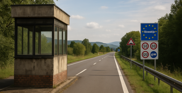 Garita fronteriza vacía en una carretera europea sin controles, con señales en varios idiomas y un paisaje natural que conecta dos países del espacio Schengen.