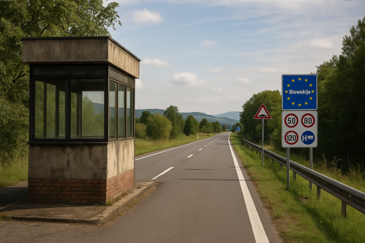 Garita fronteriza vacía en una carretera europea sin controles, con señales en varios idiomas y un paisaje natural que conecta dos países del espacio Schengen.