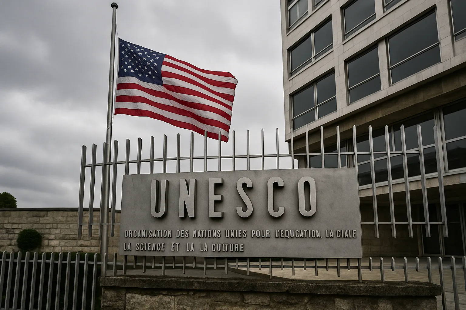 Fachada de la sede de la UNESCO en París con la bandera de Estados Unidos a media asta, simbolizando que Estados Unidos se retira de la UNESCO