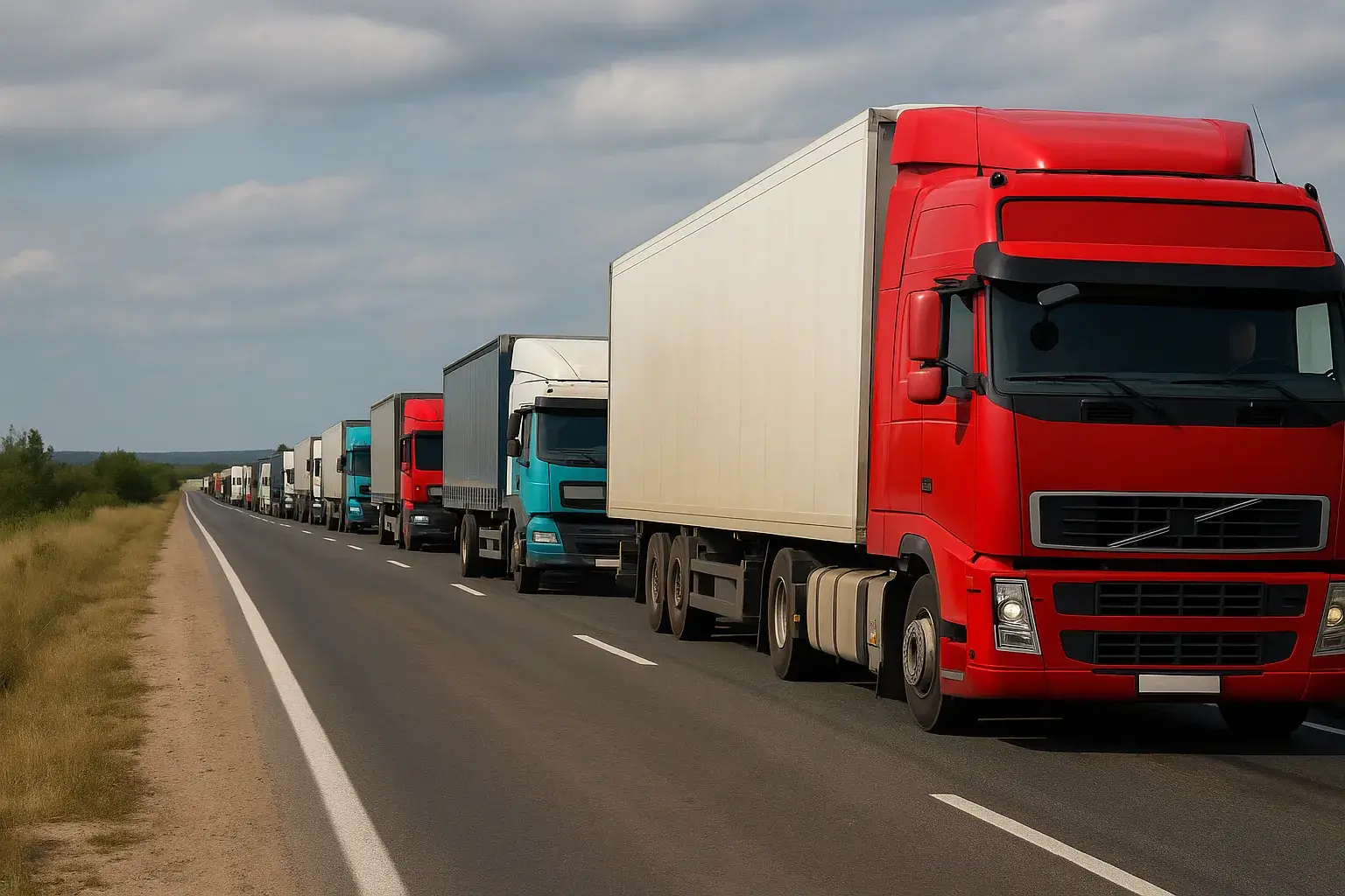Fila de camiones de carga avanzando por la carretera en la zona binacional Colombia Venezuela, simbolizando comercio y prosperidad legal en la frontera.
