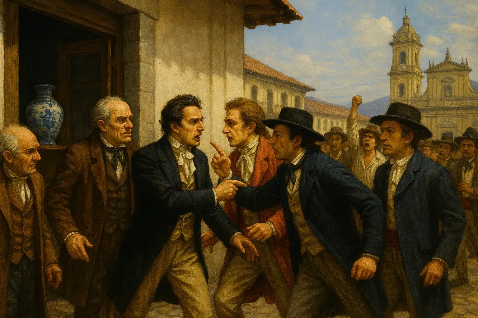Escena del 20 de julio de 1810 en Bogotá, donde criollos discuten con un comerciante español frente a un florero, detonando la independencia de Colombia.