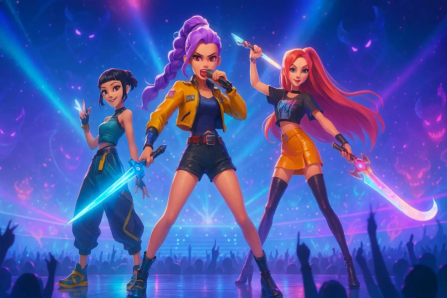 Escena animada de un grupo ficticio tipo K-pop en concierto, inspirada en el éxito global de Golden de Huntr/x
