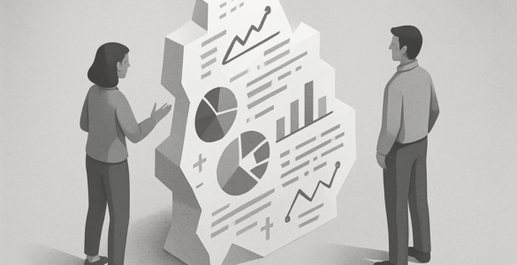 Dos personas observan una estructura abstracta compuesta por gráficos y símbolos, representando los datos como argumento en la búsqueda de la verdad compartida.