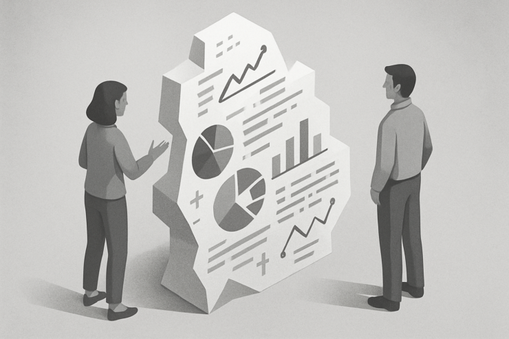 Dos personas observan una estructura abstracta compuesta por gráficos y símbolos, representando los datos como argumento en la búsqueda de la verdad compartida.