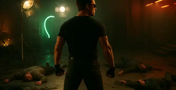 Hombre con gafas oscuras en un set de filmación destruido, evocando el estilo exagerado de Johnny Cage en el tráiler de Mortal Kombat 2.