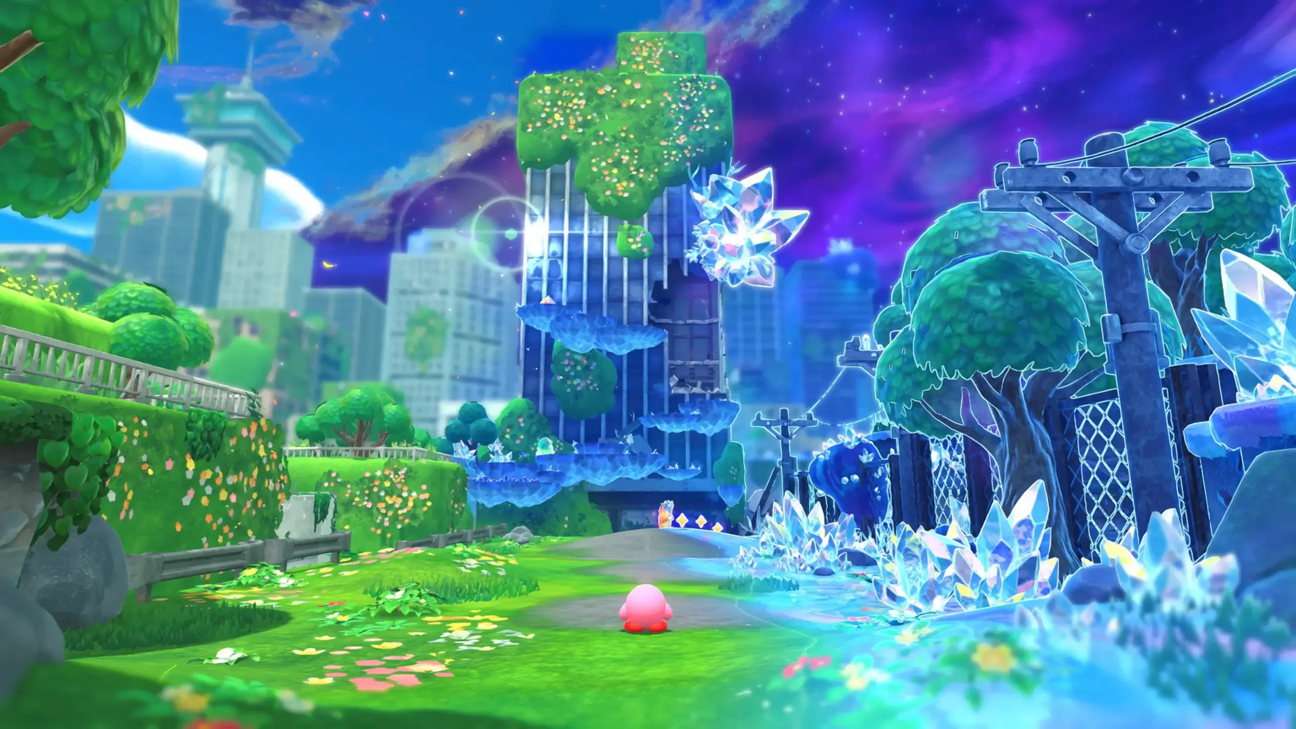 Paisaje fantástico con hielo y vegetación exuberante, inspirado en la nueva historia de Kirby el mundo astral.