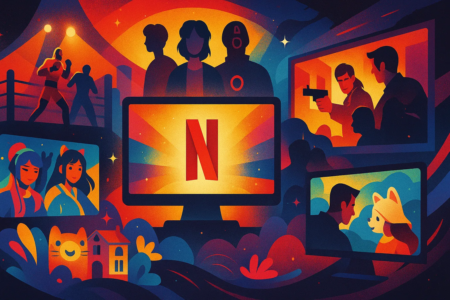 Ilustración digital que representa lo más visto en Netflix la primera parte de este 2025, con escenas simbólicas de WWE, K-pop, anime y cine en una composición colorida.