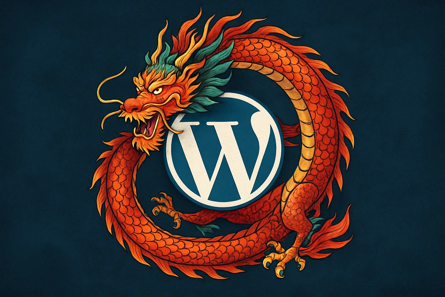 Logo de WordPress al centro sobre fondo azul oscuro, rodeado por un dragón chino colorido como símbolo del WordPress Bogotá concurso fotográfico.