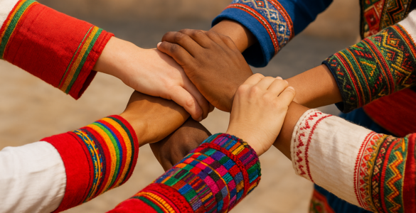 Manos entrelazadas de personas con trajes tradicionales iberoamericanos, representando la unidad cultural en el Día de Iberoamérica.