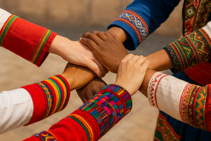 Manos entrelazadas de personas con trajes tradicionales iberoamericanos, representando la unidad cultural en el Día de Iberoamérica.