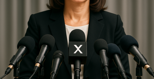 Torso de una mujer ejecutiva frente a varios micrófonos, uno con el logo de X, representando la renuncia CEO de X