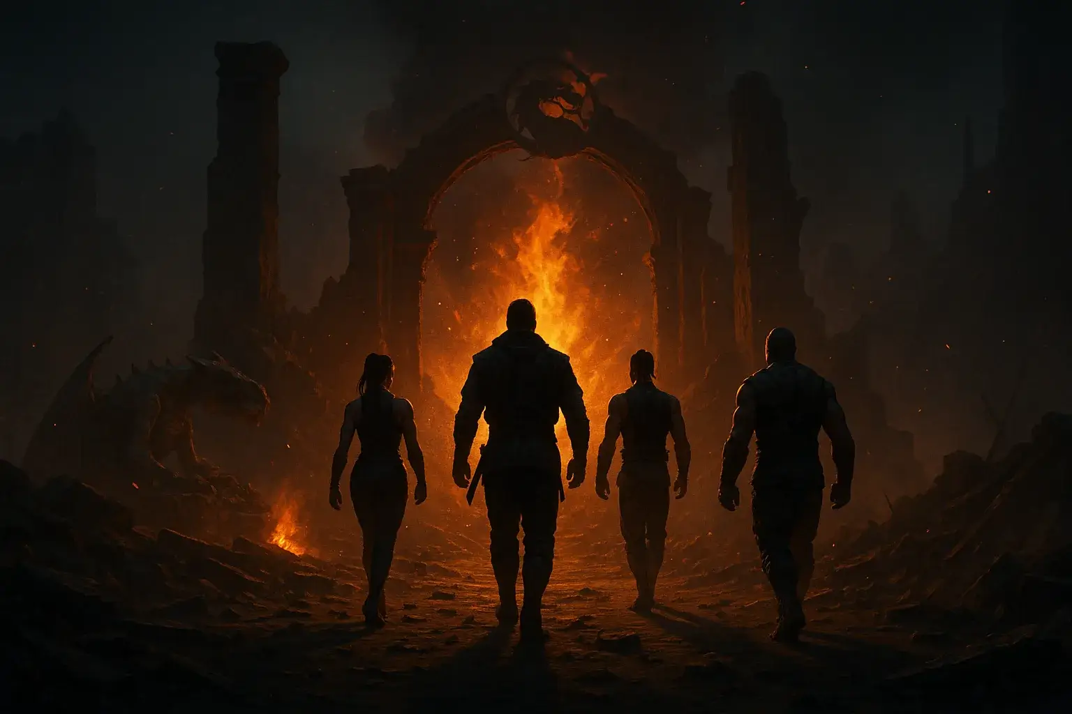 Cuatro guerreros en silueta avanzan hacia un portal en llamas entre ruinas y estatuas destruidas, representando el tráiler oficial de Mortal Kombat 2