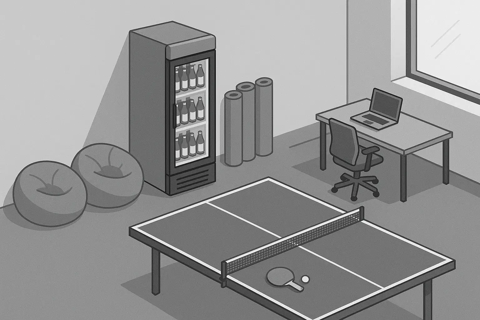 Ilustración isométrica en escala de grises de una oficina vacía con elementos recreativos como ping pong, pufs y yoga, que refleja la cultura de los perks en empresas.